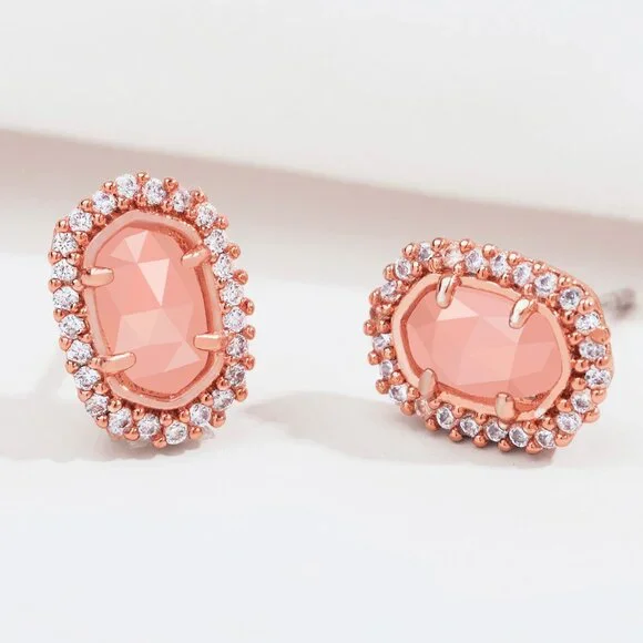 Alicia Bonnie Halo Oval Stud Earrings Rose Gold Crystal Rose Quartz Sparkly - Picture 1 of 6